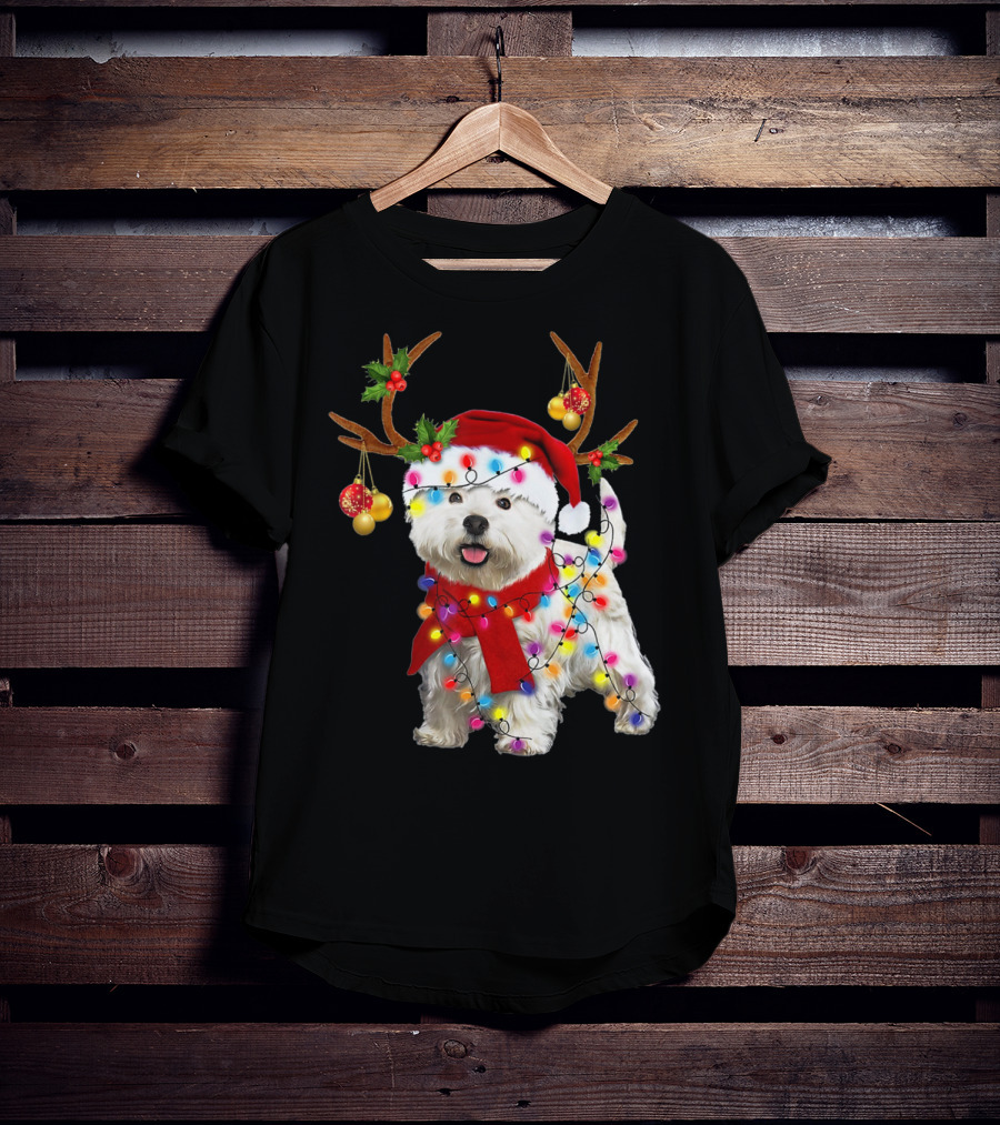 Santa Westie Dog Reindeer Lights Holiday T-Shirt
