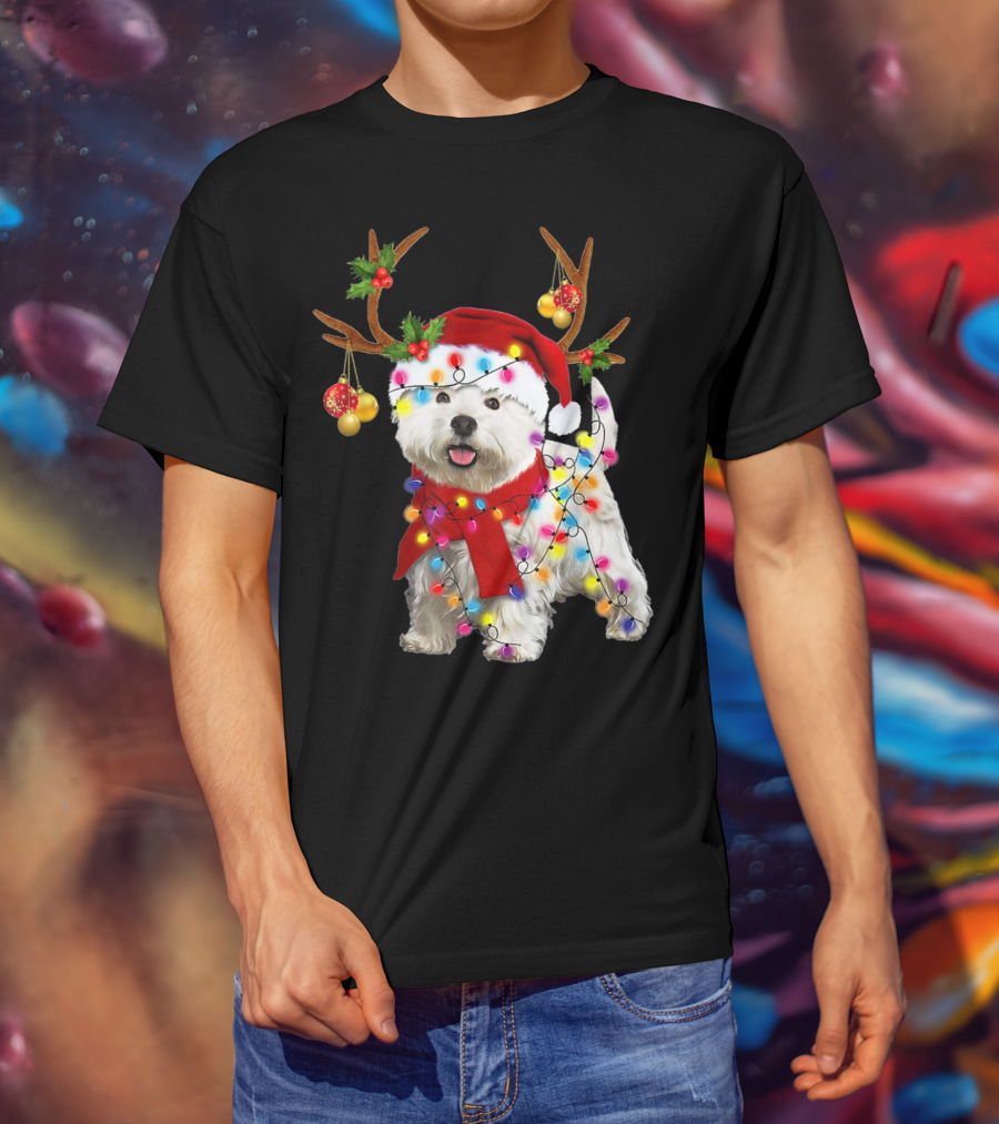 Santa Westie Dog Reindeer Lights Holiday T-Shirt