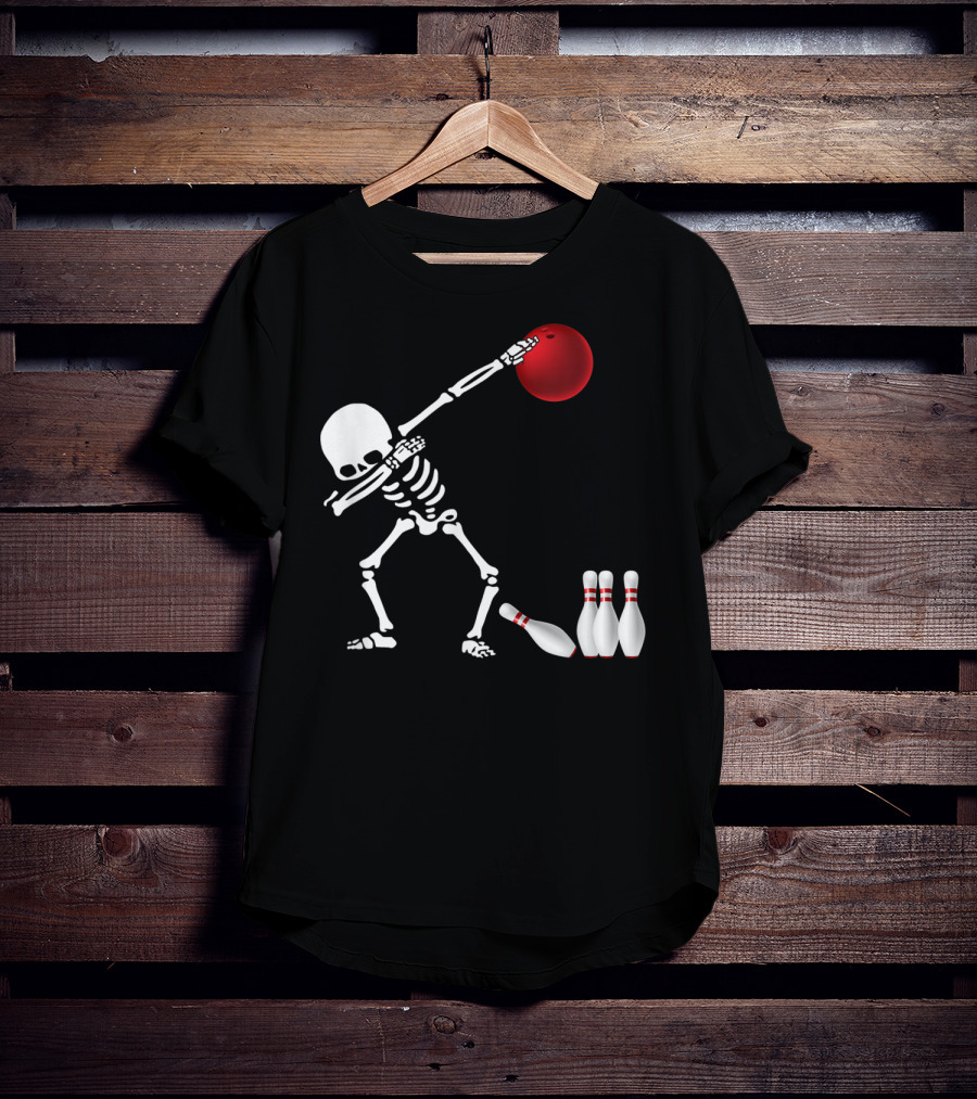 Skeleton Bowler Dabbing With Red Bowling Ball And Pins Fun Bones Lover T-Shirt