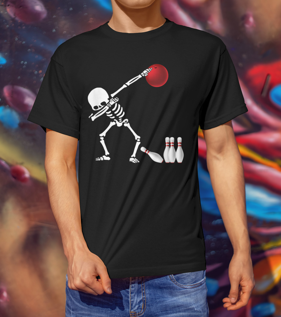 Skeleton Bowler Dabbing With Red Bowling Ball And Pins Fun Bones Lover T-Shirt