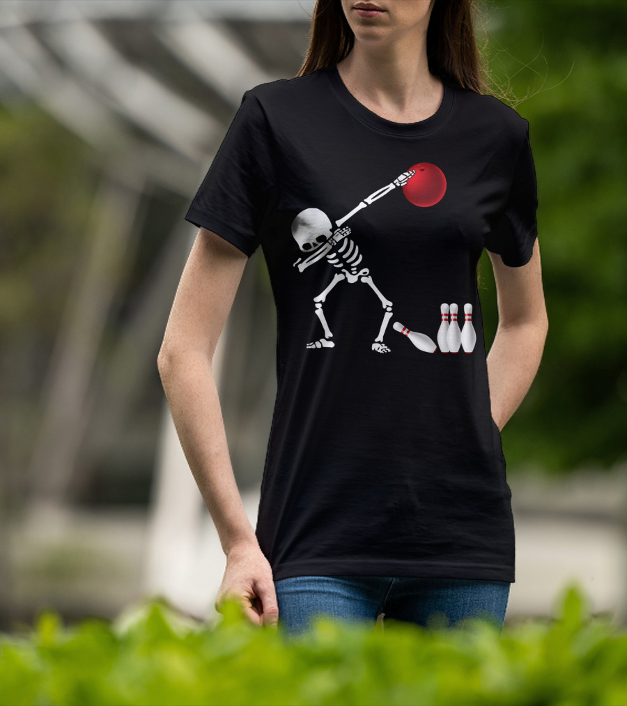 Skeleton Bowler Dabbing With Red Bowling Ball And Pins Fun Bones Lover T-Shirt