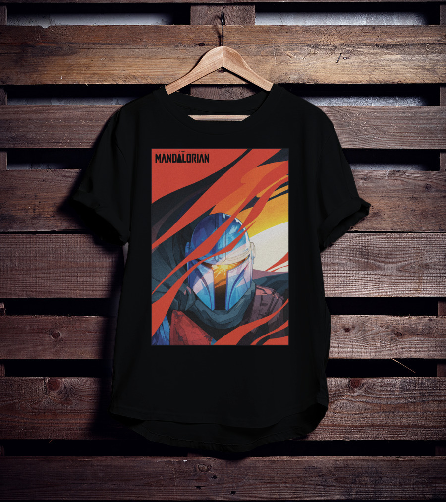 Star Wars The Mandalorian Helmet With Red And Orange Abstract Waves T-Shirt