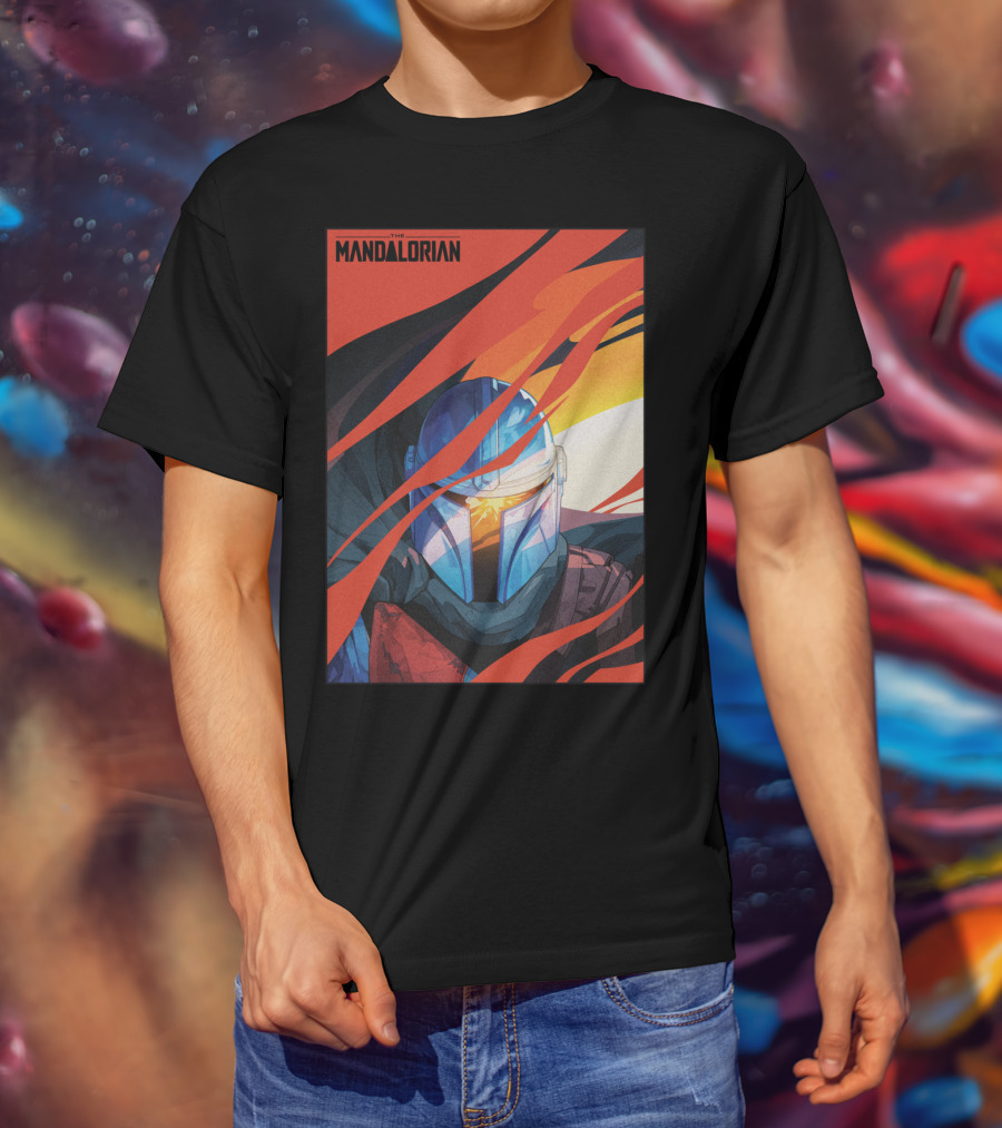 Star Wars The Mandalorian Helmet With Red And Orange Abstract Waves T-Shirt