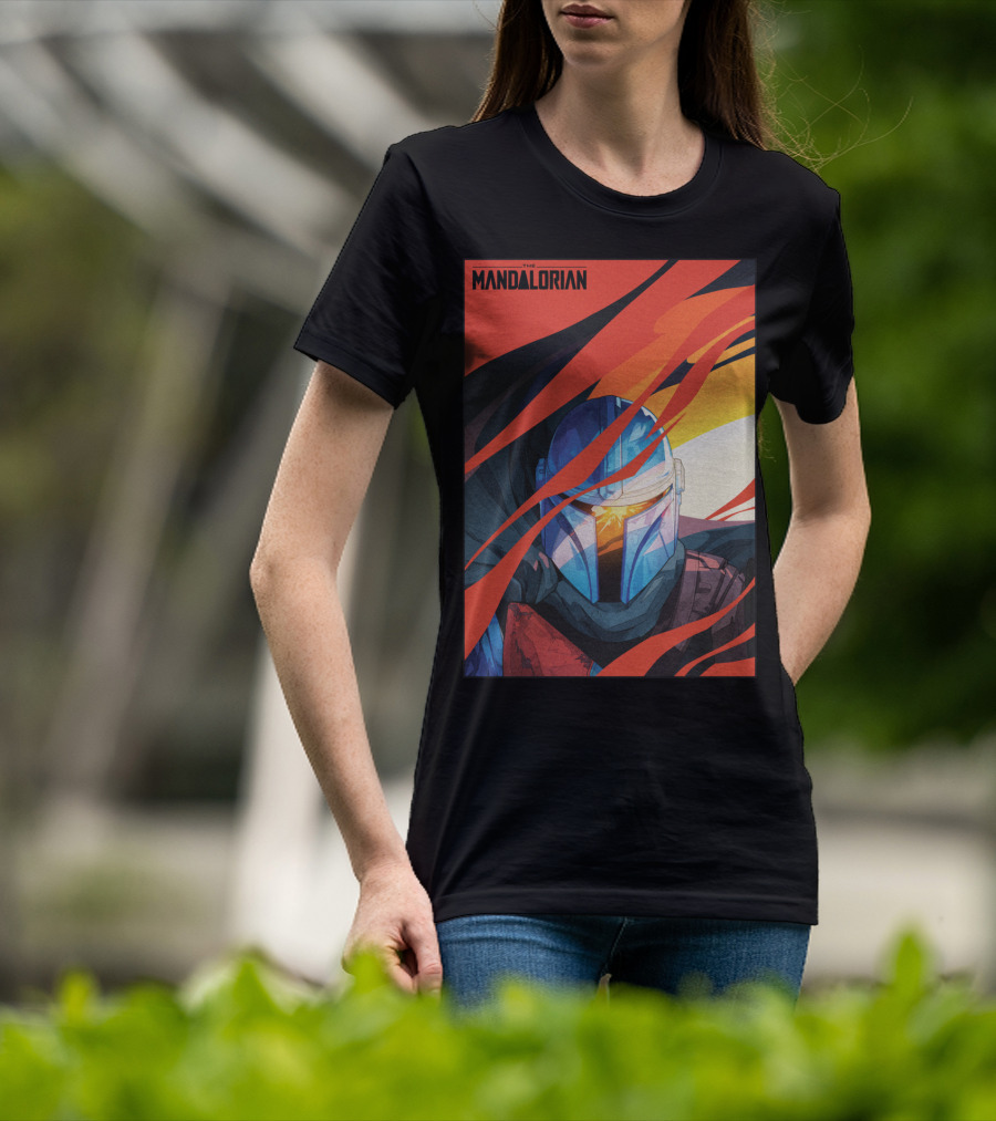 Star Wars The Mandalorian Helmet With Red And Orange Abstract Waves T-Shirt