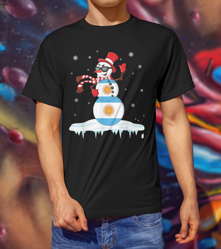 Argentinian Flag Snowman Dancing In Sunglasses Merry Winter T-Shirt