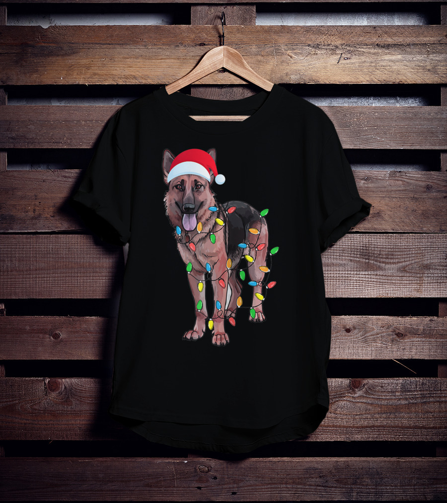 Christmas German Shepherd Dog Santa Hat Wrapped In Lights T-Shirt
