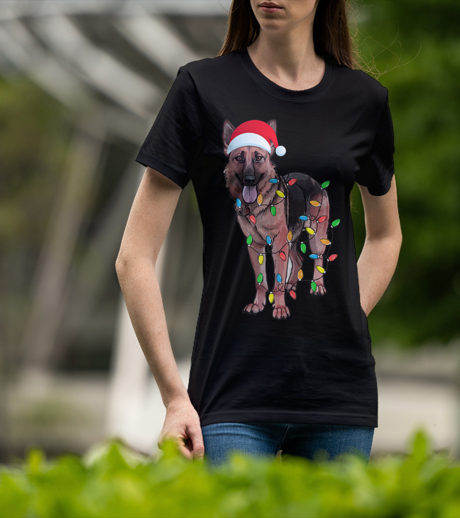 Christmas German Shepherd Dog Santa Hat Wrapped In Lights T-Shirt