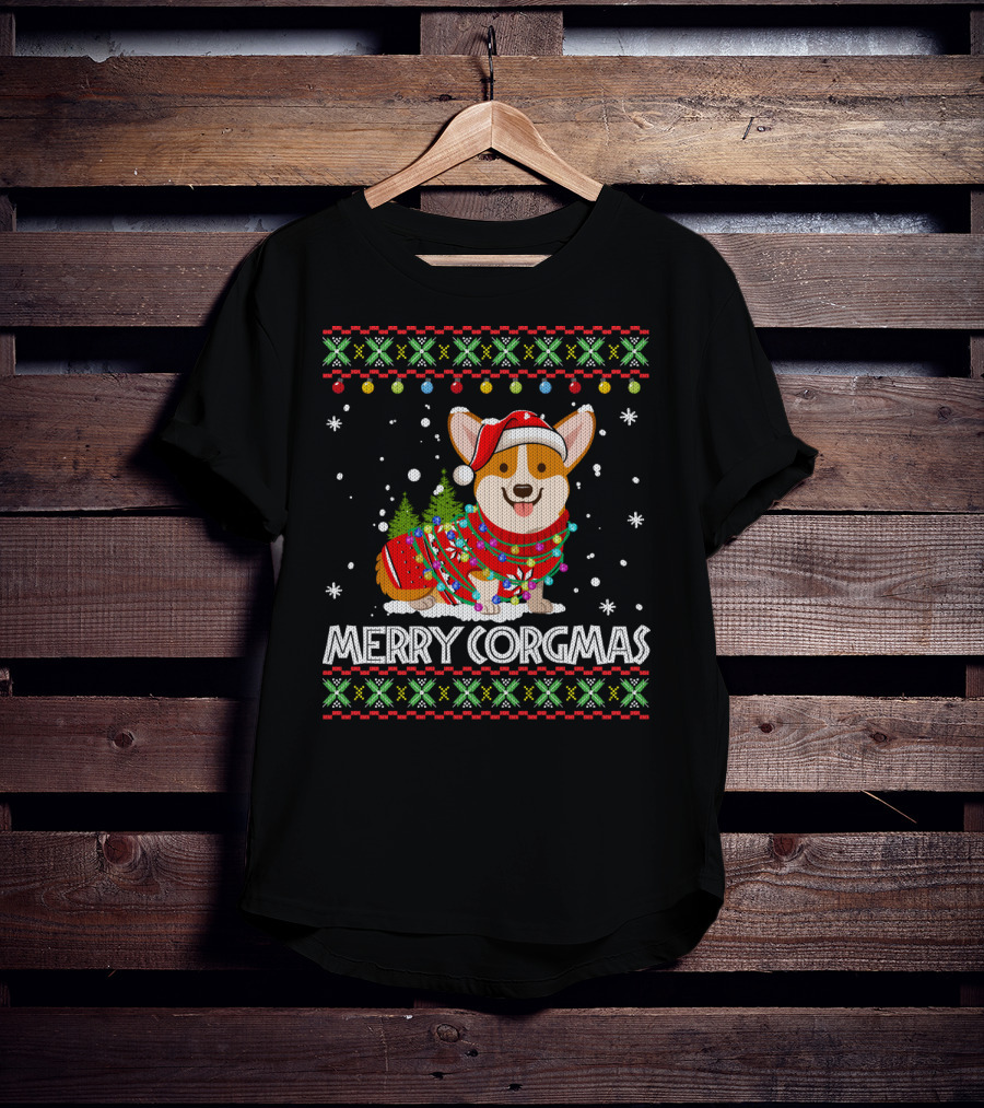 Merry Corgmas Corgi Dog Santa Hat Christmas Tree Lights Sweater Snowflakes T-Shirt