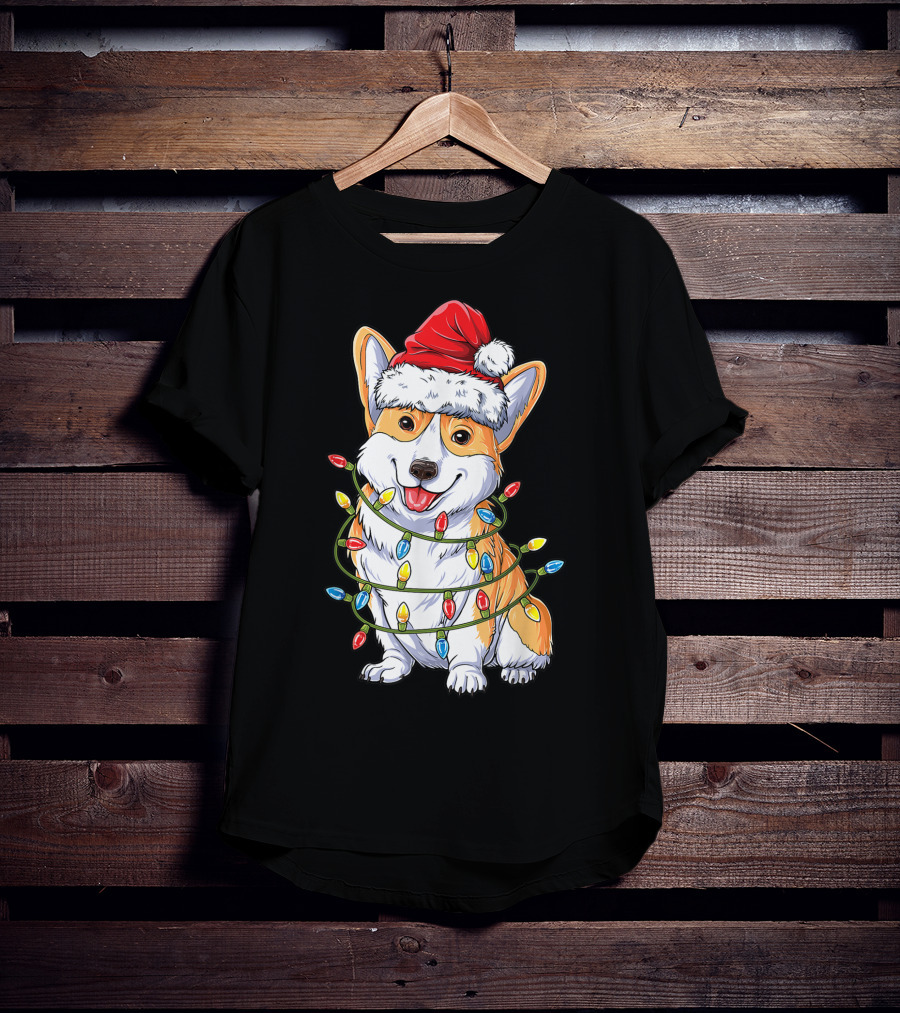 Corgi Santa Hat Wrapped In Christmas Tree Lights T-Shirt