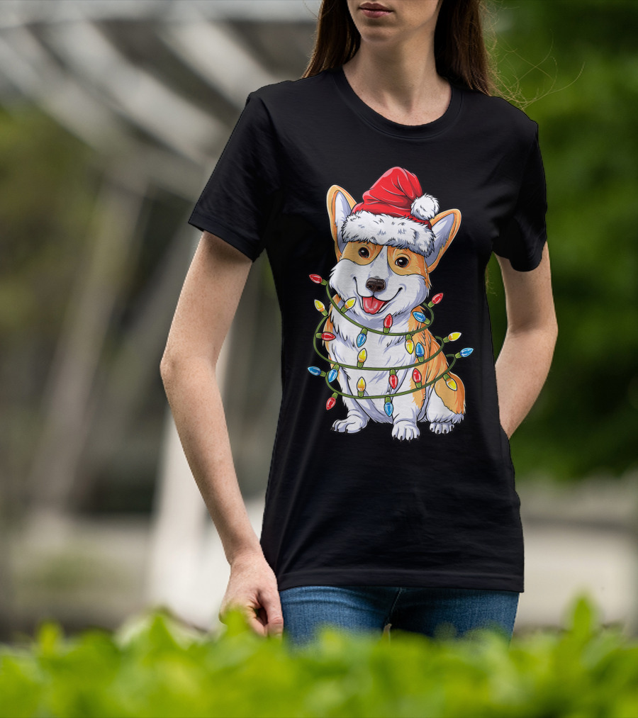 Corgi Santa Hat Wrapped In Christmas Tree Lights T-Shirt