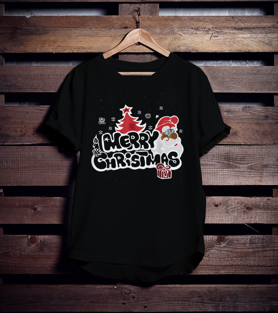 Merry Christmas Santa Red Tree Gift Black Holiday T-Shirt