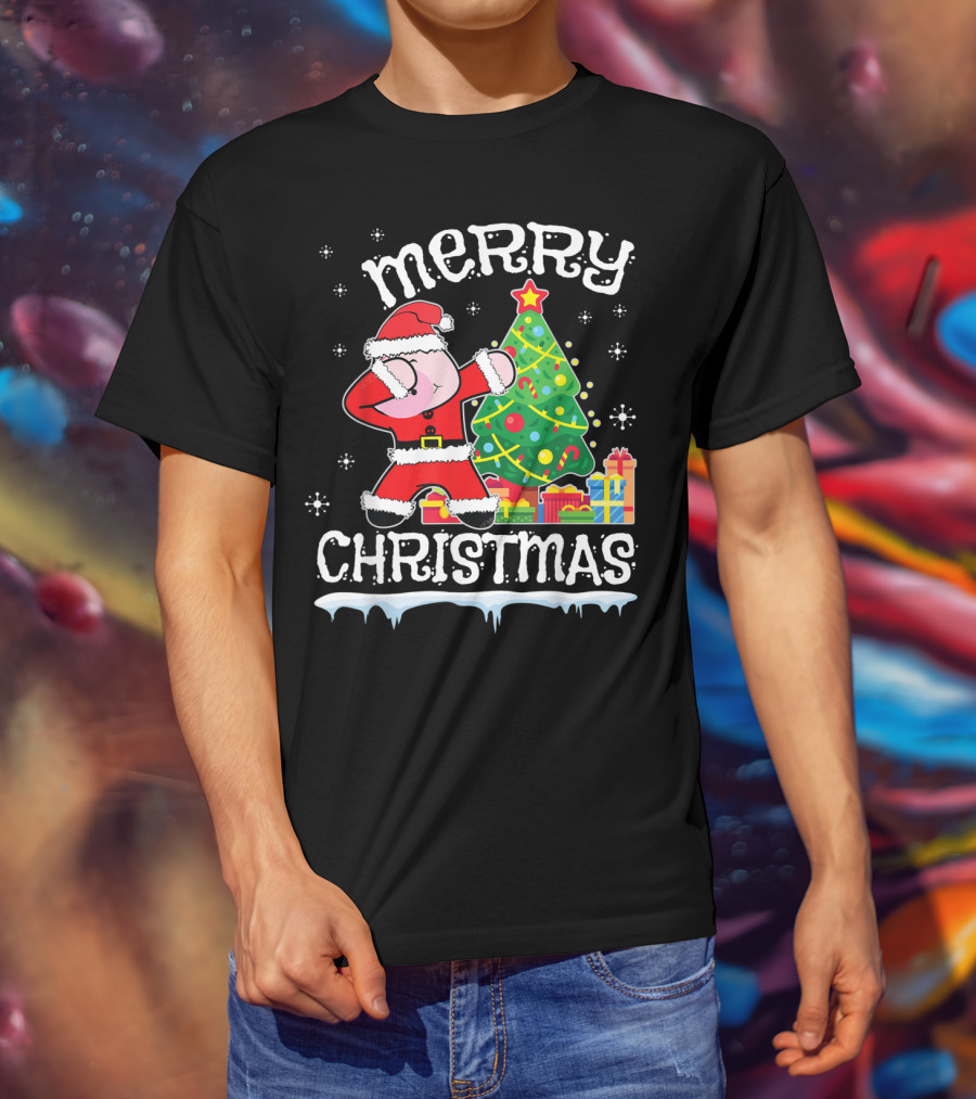 Merry Christmas Pig Dabbing By Noel Presents Tree Snow T-Shirt