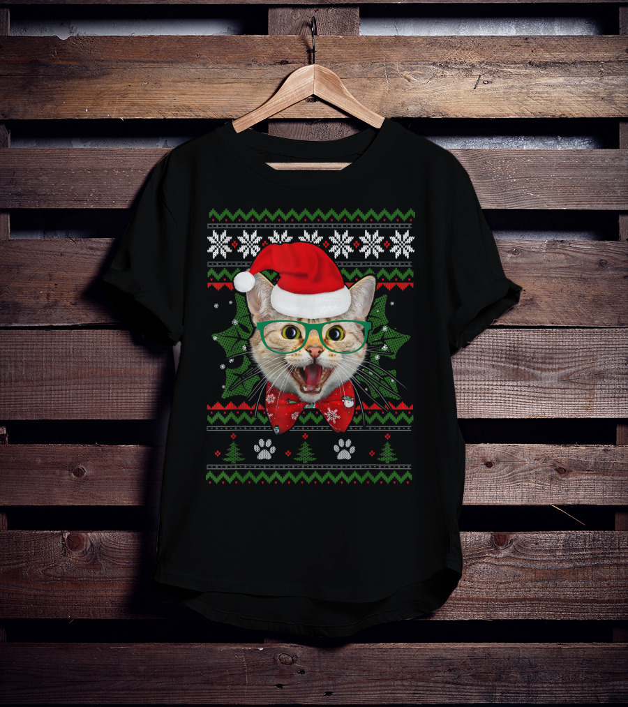 Santa Cat Holiday Ugly Christmas Sweater Look With Holly And Paws T-Shirt