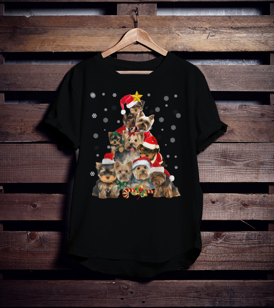 Yorkie Christmas Tree With Santa Hats And Candy Canes T-Shirt