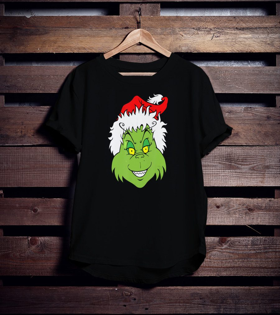 Christmas Grinch Face With Santa Hat T-Shirt