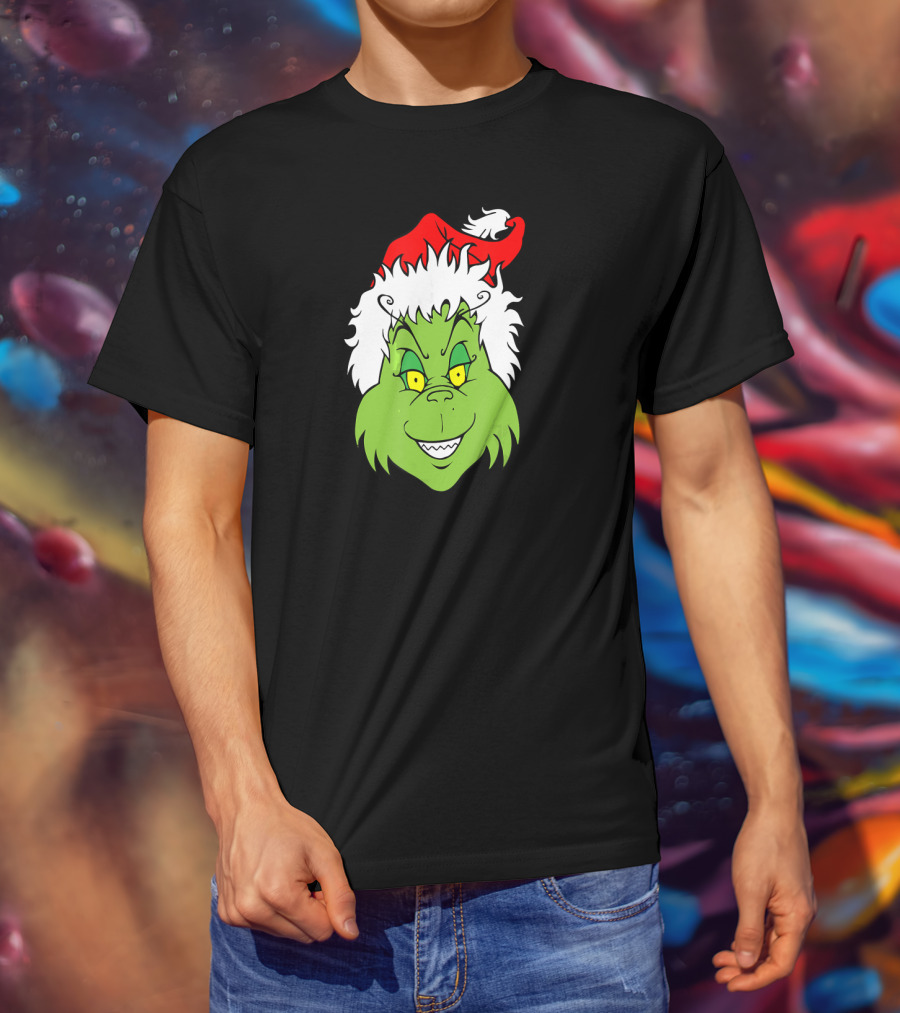 Christmas Grinch Face With Santa Hat T-Shirt