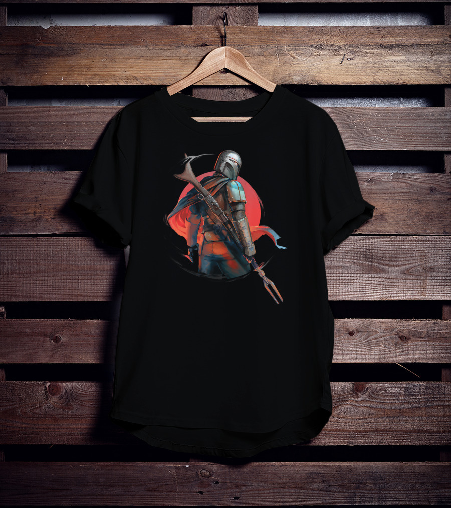 Star Wars The Mandalorian IG 11 Battle Ready Warrior With Blaster Rifle And Crimson Sun Background T-Shirt