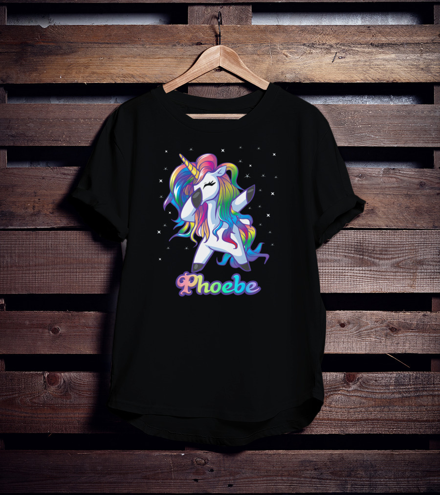 Phoebe Name Personalized Rainbow Unicorn Dabbing Stars T-Shirt