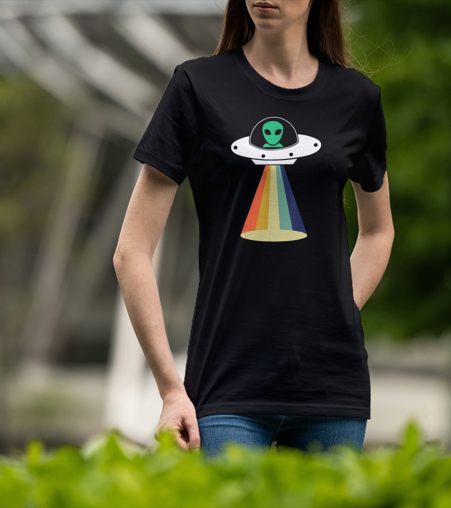 Rainbow Beam UFO Alien Christmas Outerspace Visitor T-Shirt