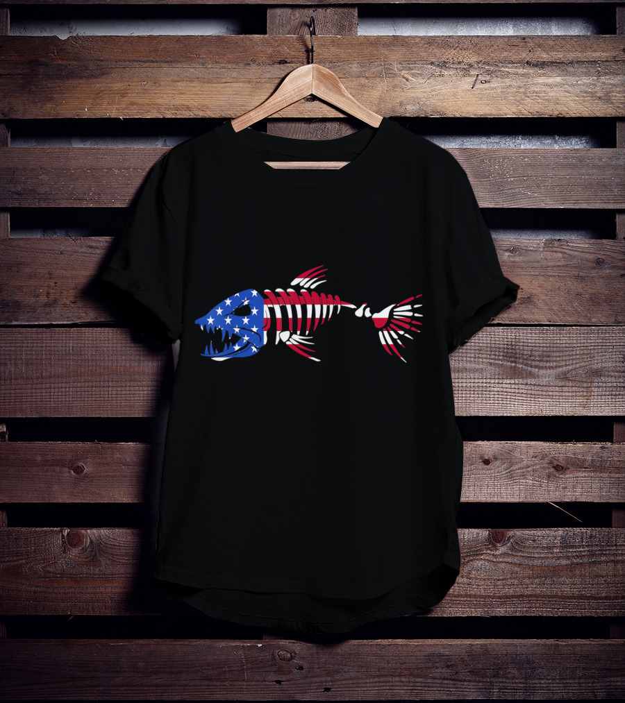 Patriotic Fish Skeleton With American Flag Colors T-Shirt