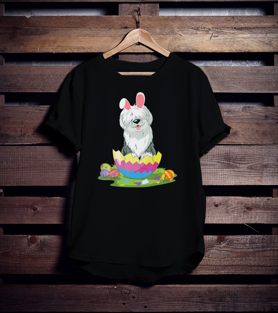 Old English Sheepdog Bunny Ears Easter Egg Scene T-Shirt