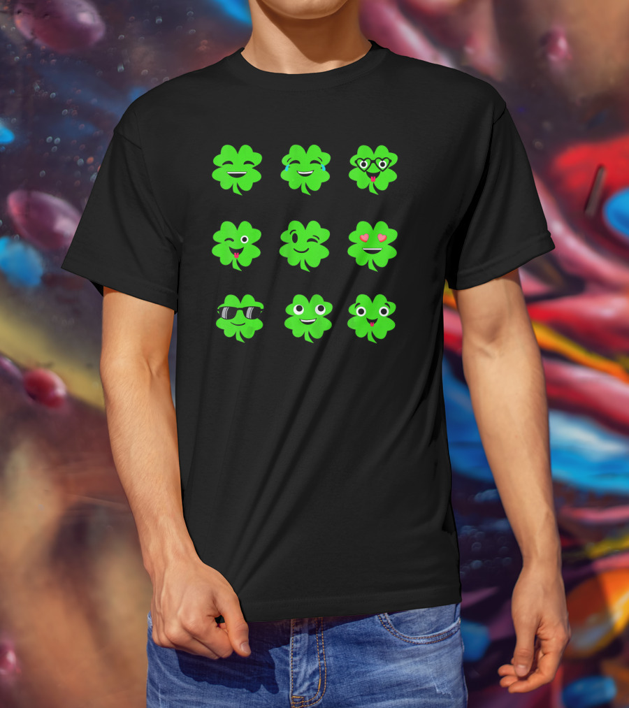 St Patricks Day Irish Shamrock Emoji Faces With Heart Eyes And Sunglasses T-Shirt