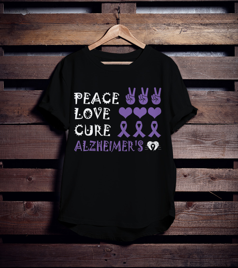 Peace Love Cure Alzheimer's Purple Ribbons Hearts And Peace Signs T-Shirt