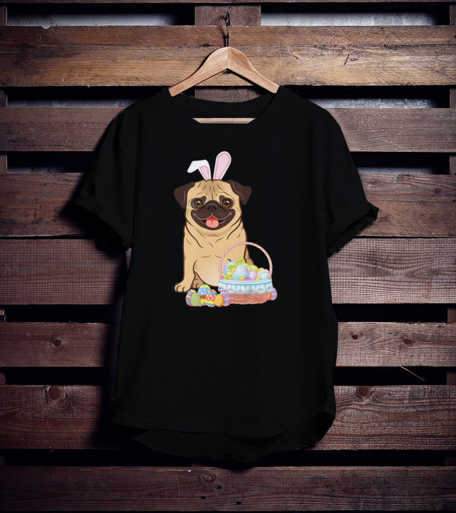 Pug Wearing Bunny Ears With Easter Egg Basket T-Shirt