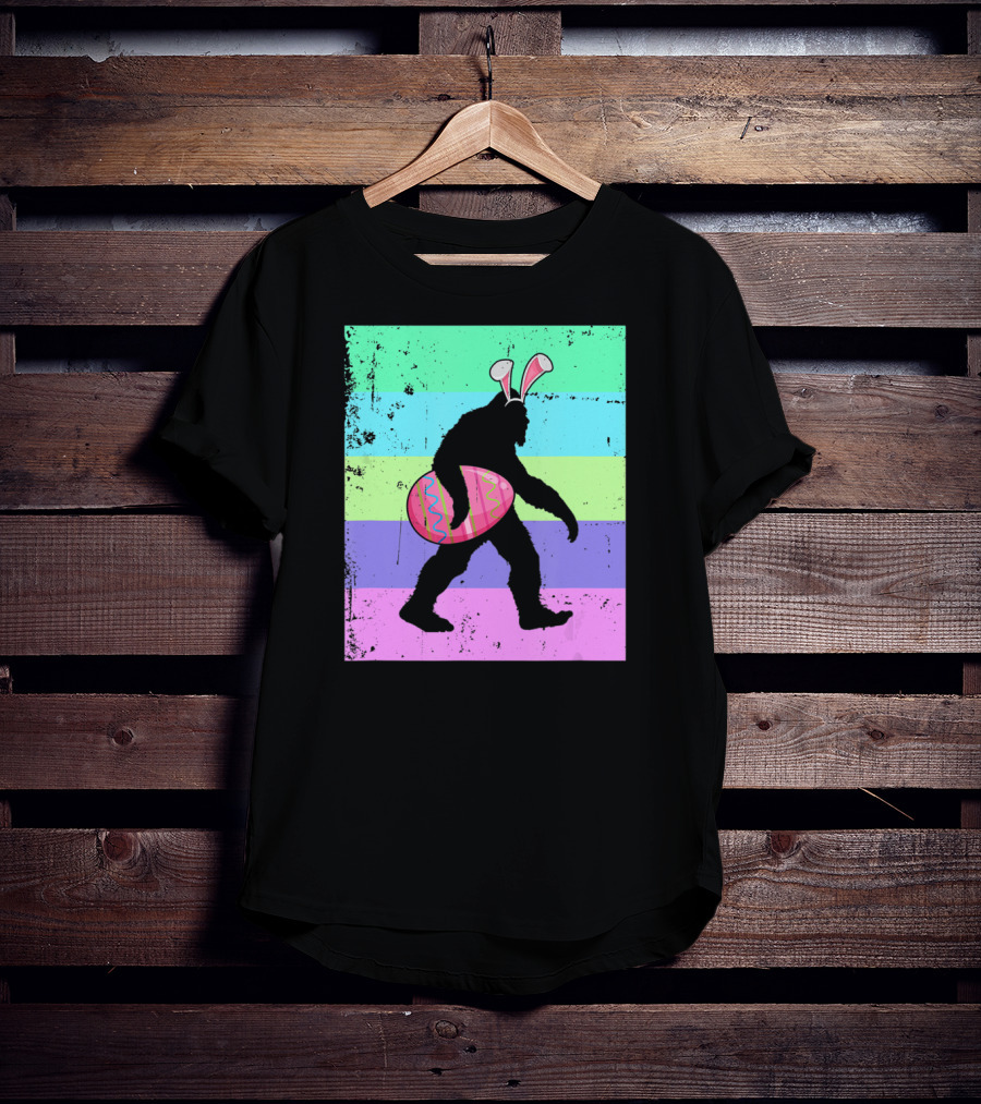 Retro Bigfoot Easter Bunny With Egg Rainbow Stripes T-Shirt