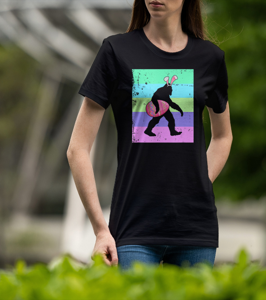 Retro Bigfoot Easter Bunny With Egg Rainbow Stripes T-Shirt