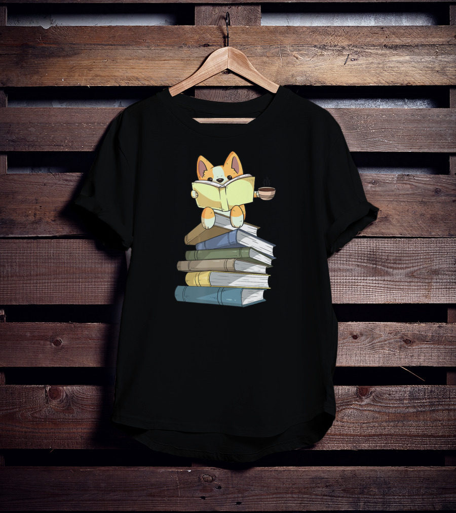 Corgi Sitting On Book Stack With Coffee And Reading Book T-Shirt