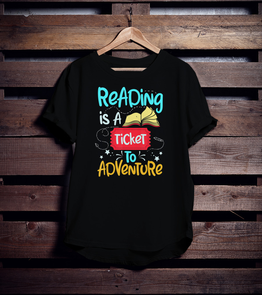 Reading Is A Ticket To Adventure Book Open Pages Stars Pencils T-Shirt