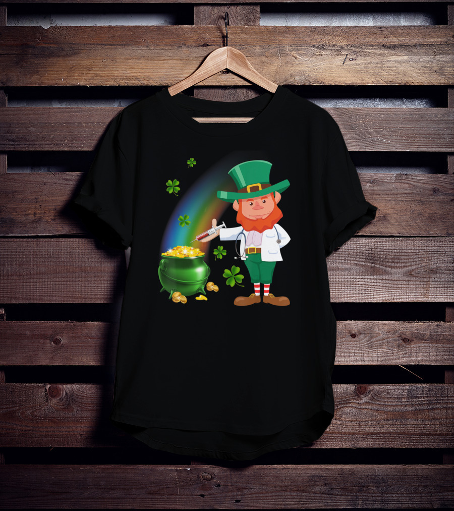 Leprechaun With Stethoscope And Syringe By Pot Of Gold And Rainbow T-Shirt