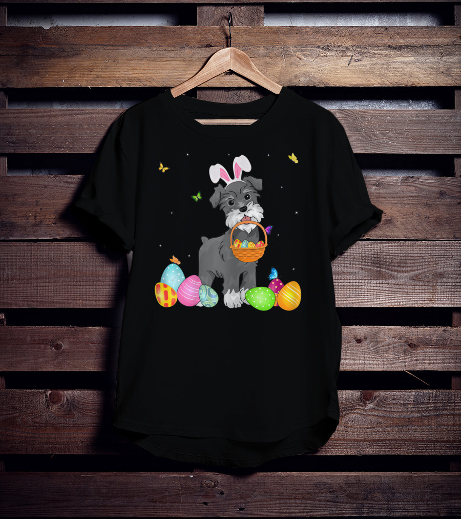 Bunny Schnauzer With Basket And Eggs Easter Day T-Shirt