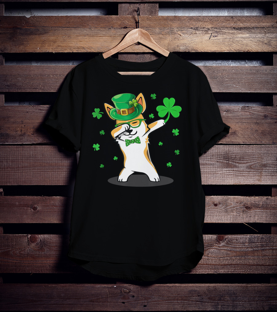 Dabbing Corgi With Shamrocks And Leprechaun Hat For St. Patrick's Day T-Shirt