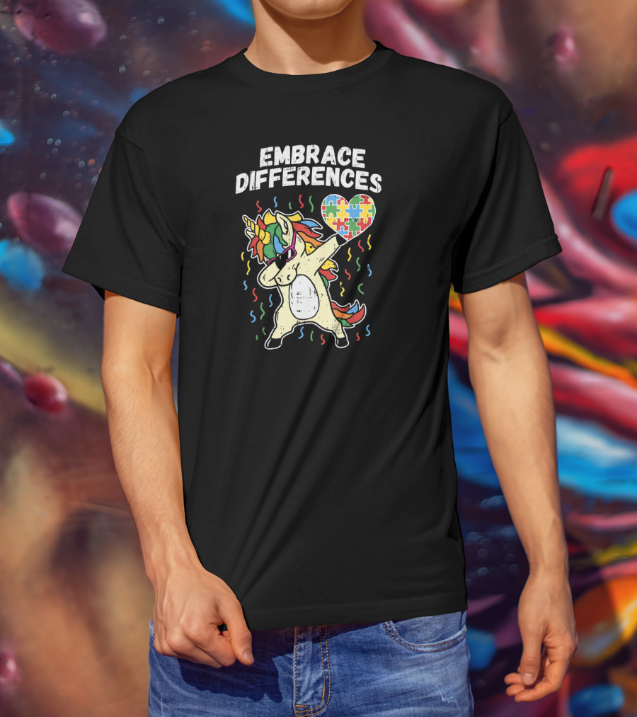 Embrace Differences Dabbing Unicorn Puzzle Heart Autism T-Shirt