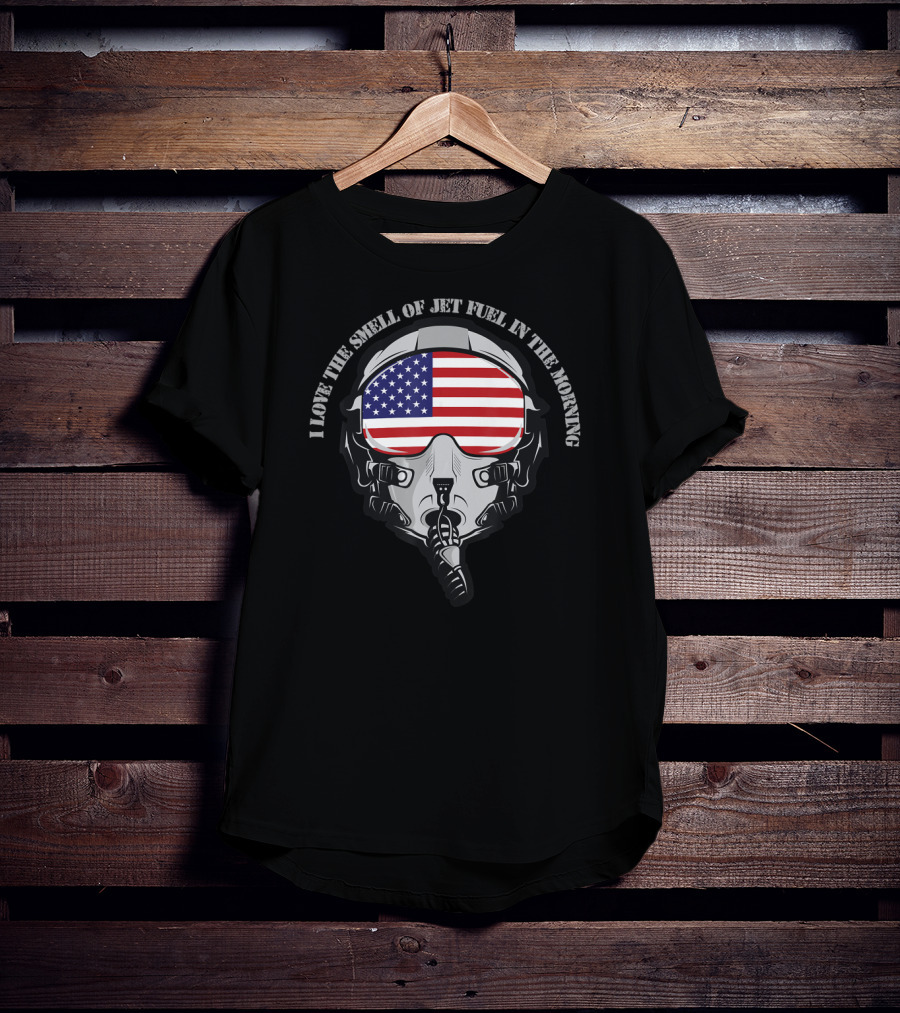 I Love The Smell Of Jet Fuel In The Morning Pilot Mask With American Flag Visor T-Shirt