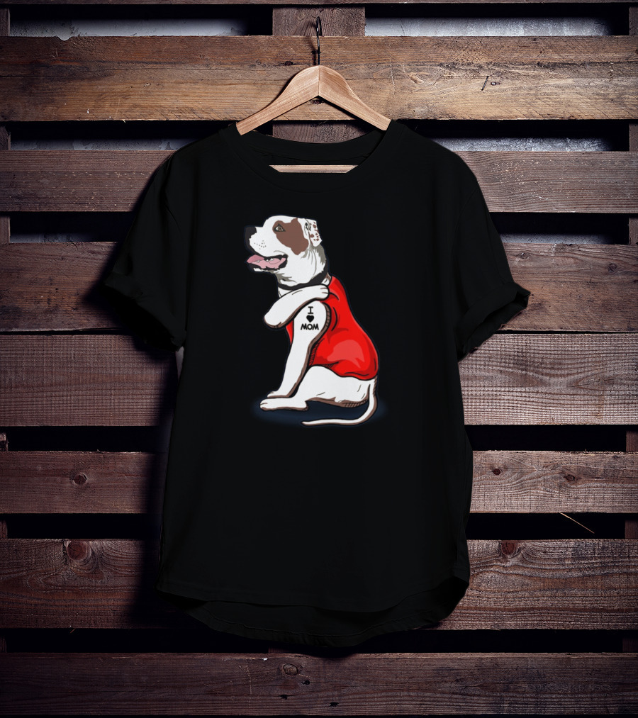 American Bulldog Wearing I Love Mom Tattoo Paw Sleeve T-Shirt