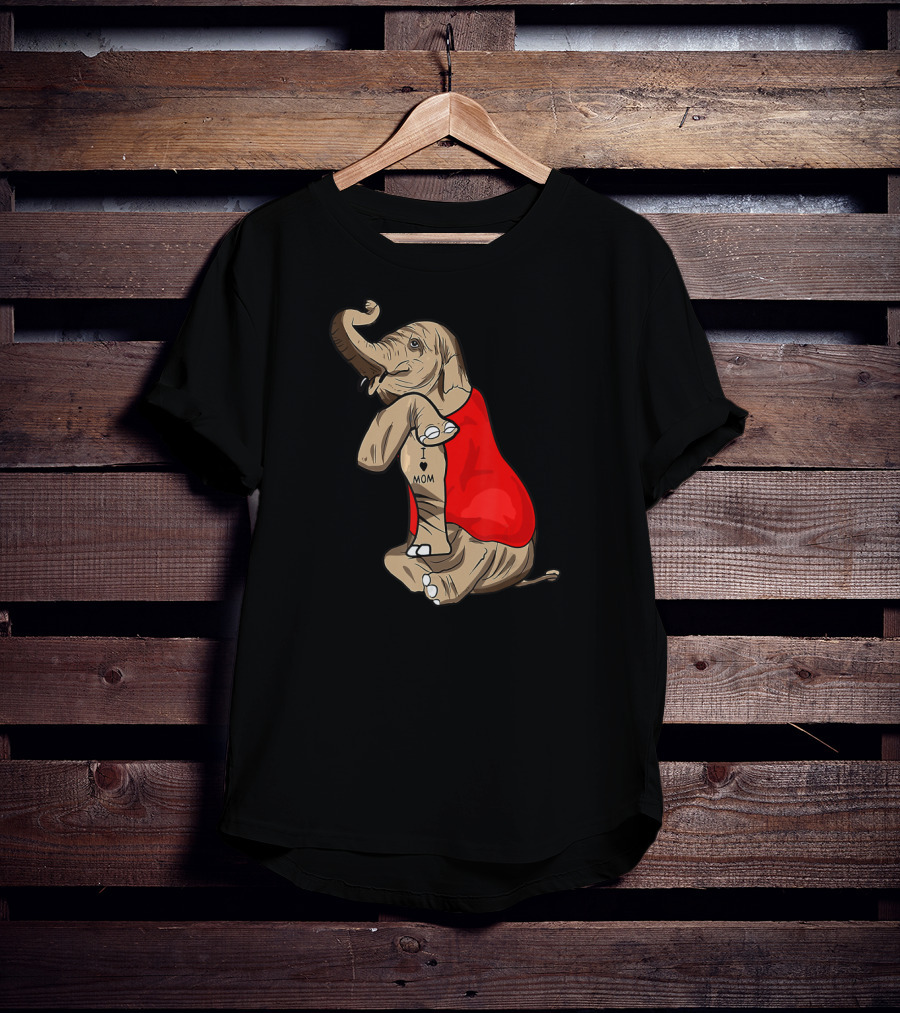 Elephant In Red I Love Mom Tattoos T-Shirt