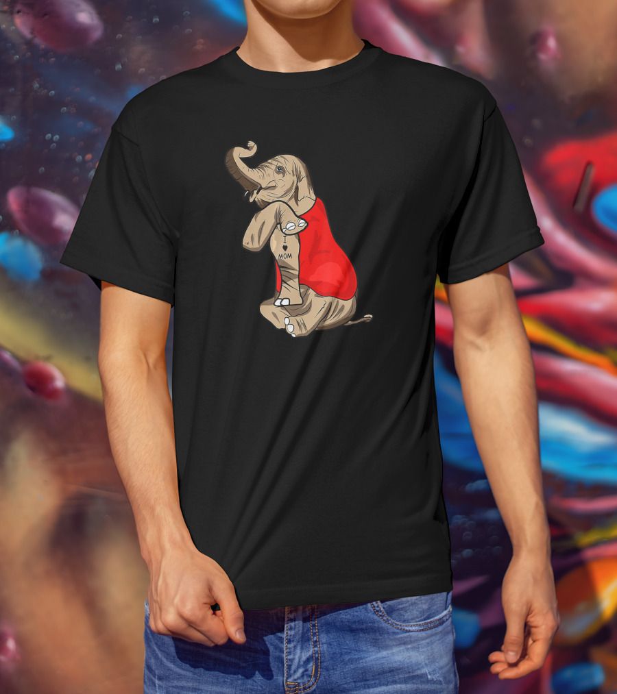 Elephant In Red I Love Mom Tattoos T-Shirt