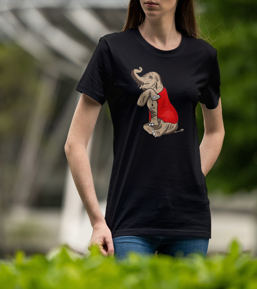 Elephant In Red I Love Mom Tattoos T-Shirt