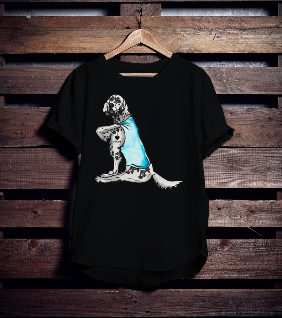 English Setter With I Love Mom Tattoo And Blue Bandana T-Shirt