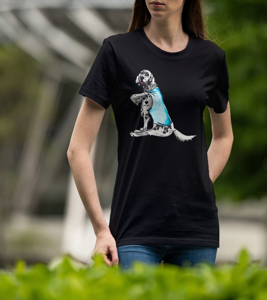 English Setter With I Love Mom Tattoo And Blue Bandana T-Shirt