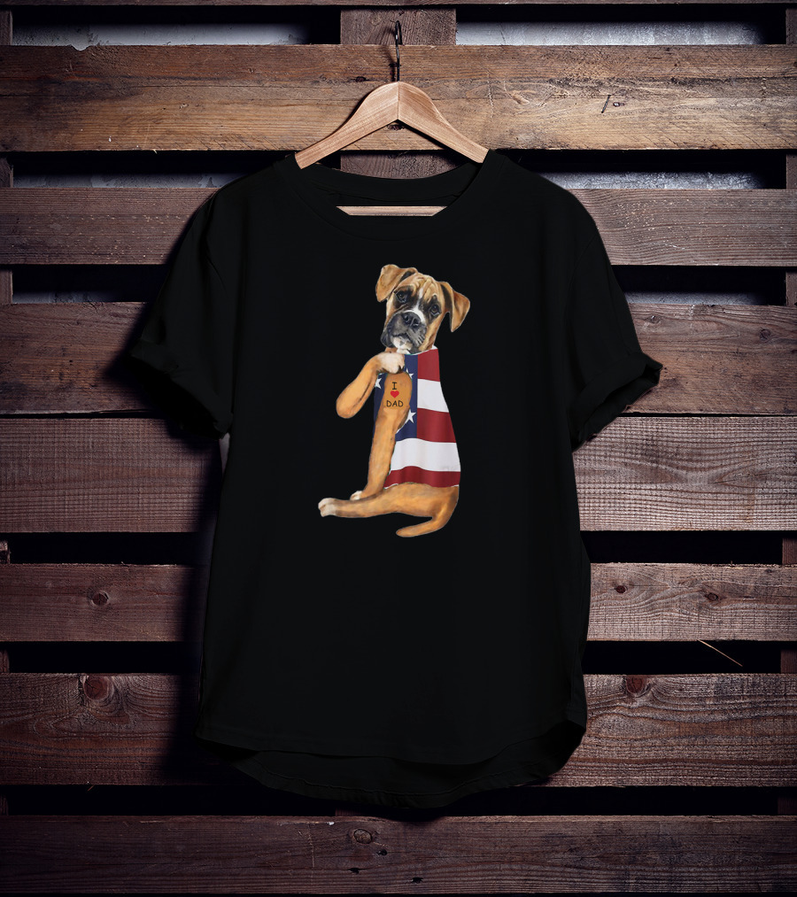 Boxer Dog I Love Dad American Flag T-Shirt