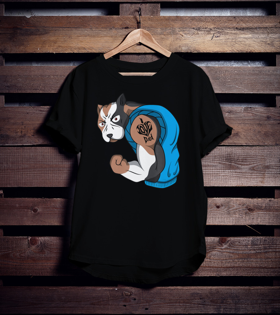 Funny Pit Bull Dog I Love Dad Tattoo Flexing Arm T-Shirt