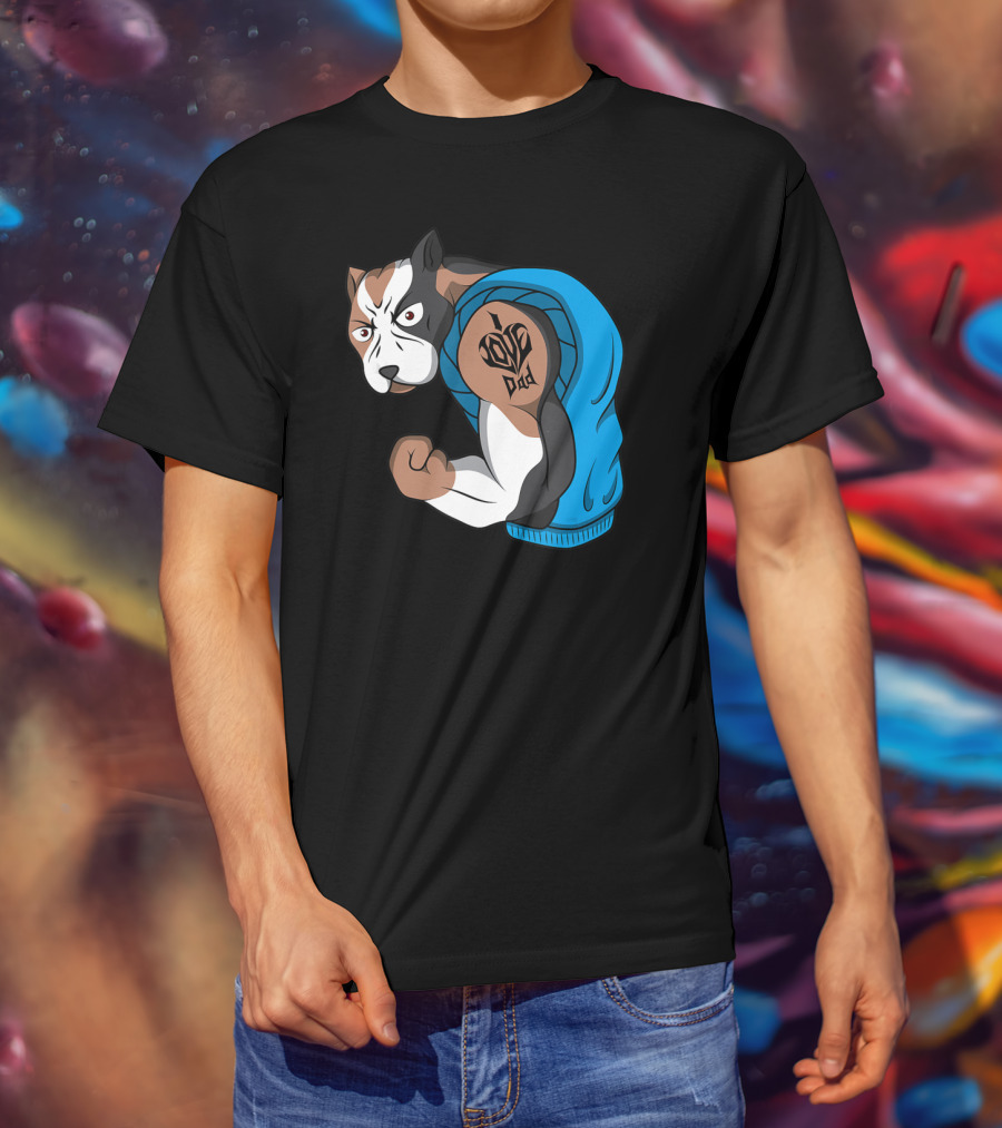 Funny Pit Bull Dog I Love Dad Tattoo Flexing Arm T-Shirt