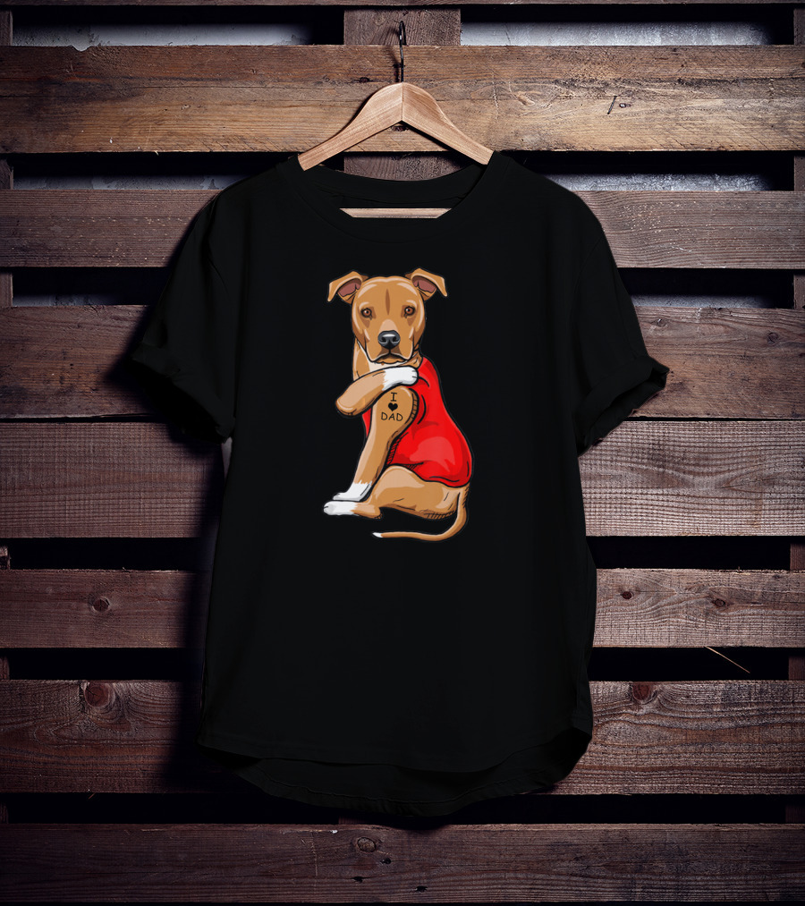 Staffordshire Terrier I Love Dad Tattoo Dog In Red T-Shirt