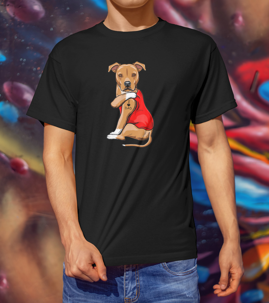Staffordshire Terrier I Love Dad Tattoo Dog In Red T-Shirt