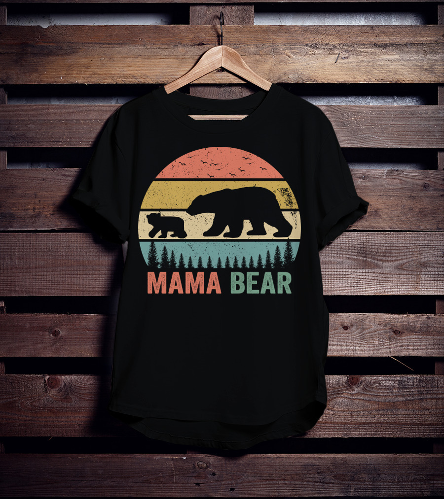 Mama Bear With Baby Cub Retro Sunset Silhouette Nature Scene T-Shirt