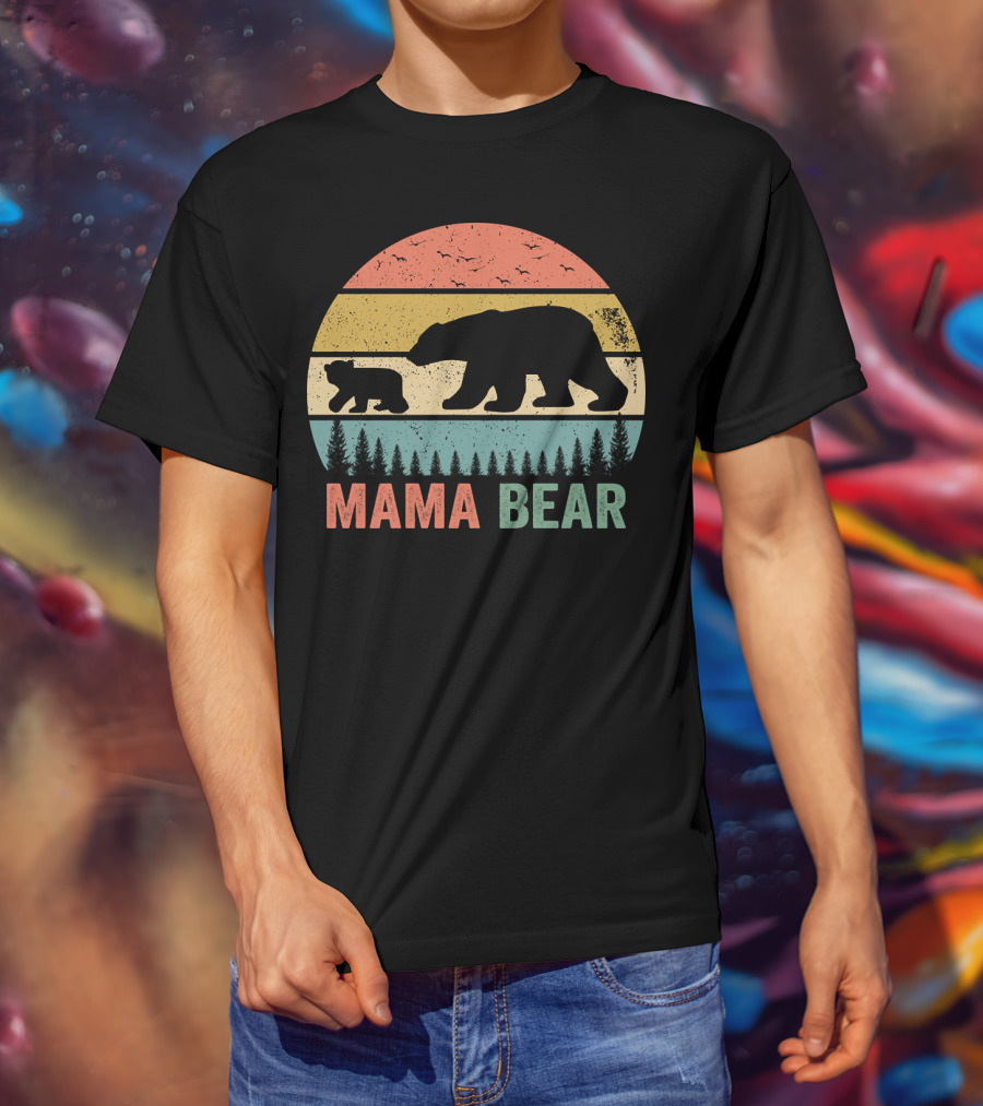Mama Bear With Baby Cub Retro Sunset Silhouette Nature Scene T-Shirt